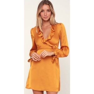 LOST + WANDER Golden Satin Long Sleeve Dress